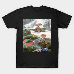 Frog Frogs Sitting On Mushroom Toadstool In Forest River T-Shirt